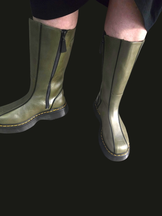 Dr. Martens Shoes - Dr. Martens Olive Green Leather Knee-High Zip Boots with Yellow Stitching